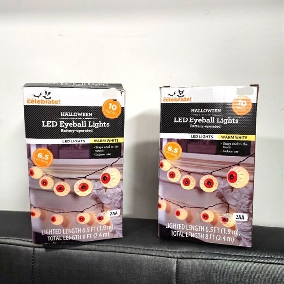 Lot of two Halloween 10-Count Battery Operated EyeballLights, w/Warm White LED - Picture 1 of 8